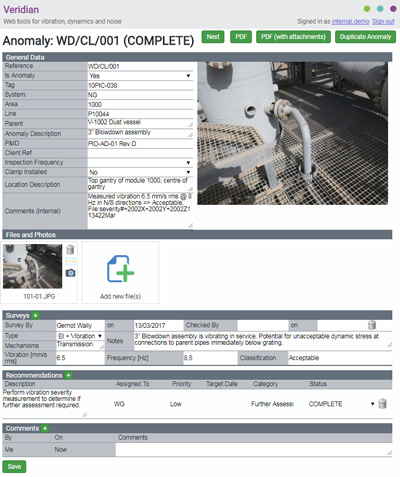 Veridian vibration anomaly tracking software screenshot